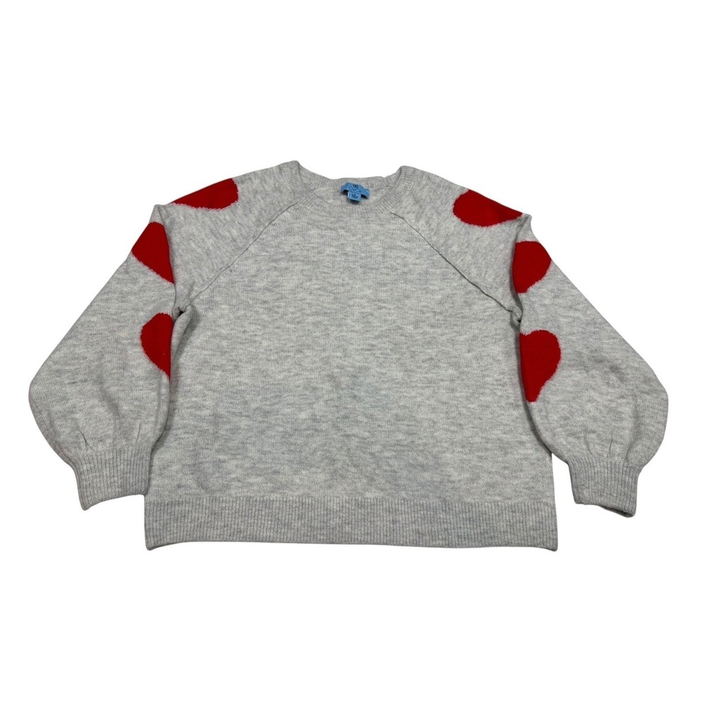 C&C California Womens Heart Sleeve Pullover Sweater Grey Red Crew Neck Relaxed L